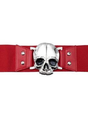 Kreepsville 666 Elastic Red Waist Belt Chrome Skull Split Buckle Gothic Punk NWT